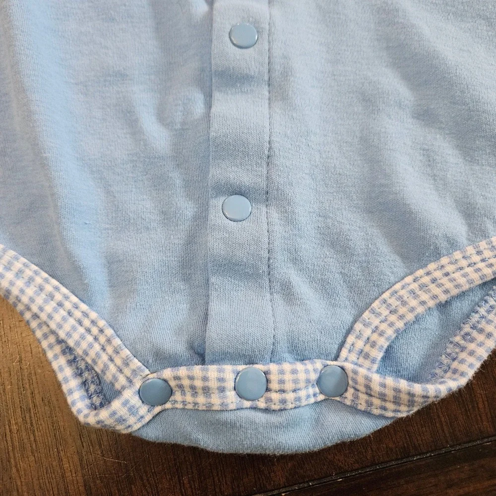 Mon Petit‎ Bodysuit Baby Boy Size 6-9M Blue Gingham Trim Teddy Bear Snap Front